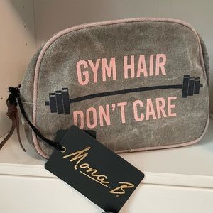 Mona B Upcycled Canvas Toiletry Bag - “Gym Hair Don’t Care” w barbell graphic